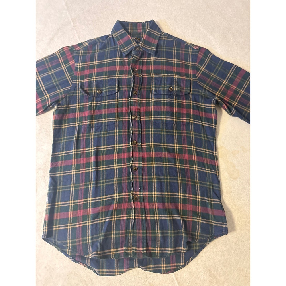 Polo Ralph Lauren Plaid Flannel Shirt Mens XS Navy Green Elbow Patches Excellent